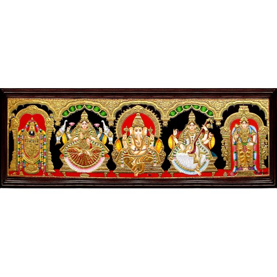 Balaji, Lakshmi, Ganesha, Saraswathi and Murugan - 5 Panel Tanjore Painting