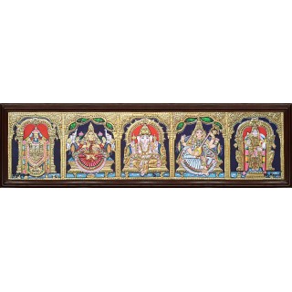 Balaji, Lakshmi, Ganesha, Saraswathi and Murugan - 5 Panel Tanjore Painting