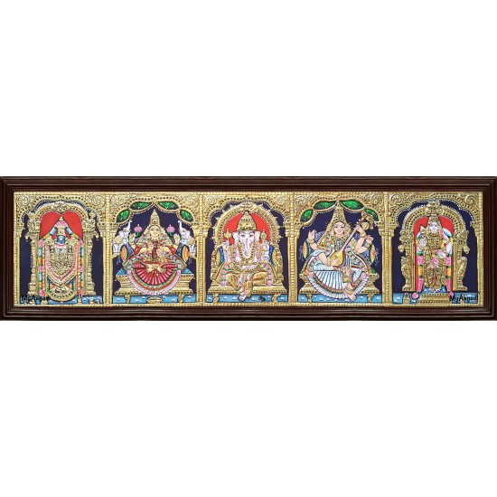 Balaji, Lakshmi, Ganesha, Saraswathi and Murugan - 5 Panel Tanjore Painting