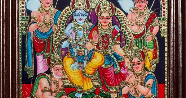 Ram Darbar - Ram with Sita, Hanuman, Lakshmanan Bharathan and Shatrughna Tanjore Painting Ram Darbar - Ram with Sita, Hanuman, Lakshmanan Bharathan and Shatrughna Tanjore Painting