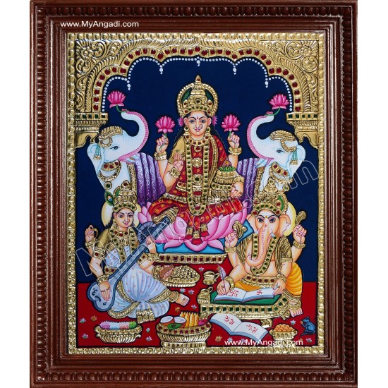 Lakshmi, Ganesha and Saraswathi Tanjore Painting