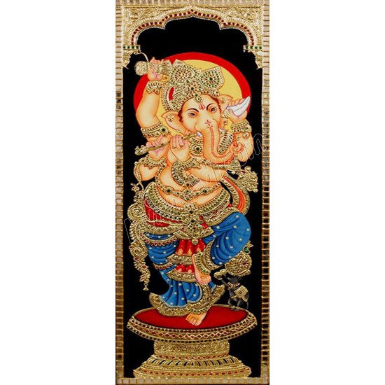 Ganesha Playing Flute Tanjore Painting