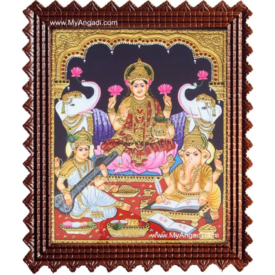 Lakshmi, Saraswathi, Ganesha Tanjore Painting, Lakshmi Tanjore Painting