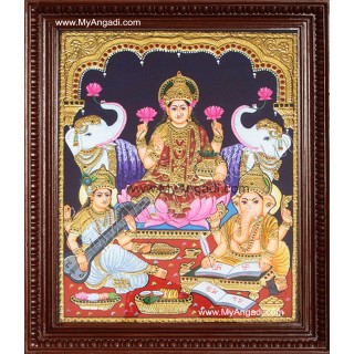 Lakshmi, Saraswathi, Ganesha Tanjore Painting, Lakshmi Tanjore Painting
