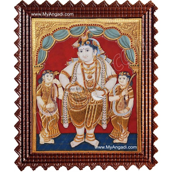 Antique Krishna Bama Rukmani Tanjore Painting, Krishnar Bama Rukmani Tanjore Painting