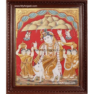 Antique Kovarthana Krishna Tanjore Painting, Krishna Tanjore Painting