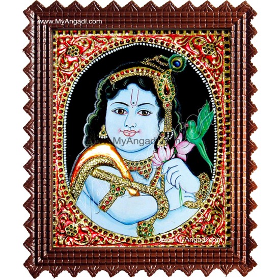 Oval Parrot Krishna Tanjore Painting, Krishna Tanjore Painting