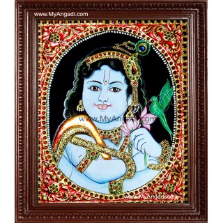 Oval Parrot Krishna Tanjore Painting, Krishna Tanjore Painting