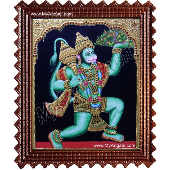 Hanuman With Sanjeevi Malai Tanjore Painting, Anchaneyar Tanjore Painting