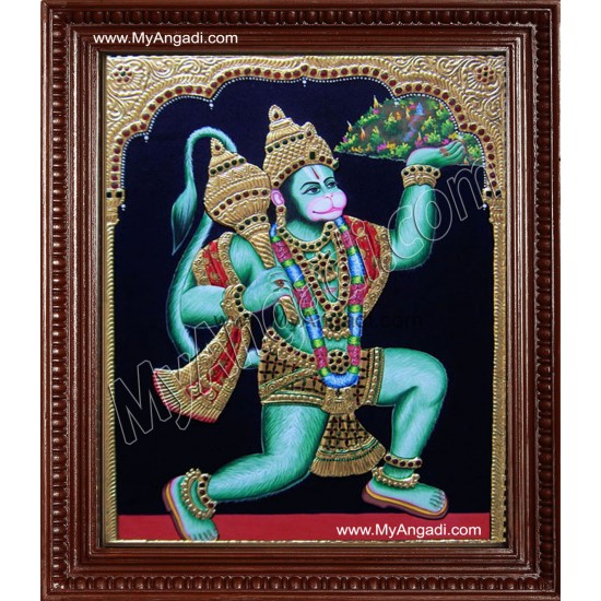 Hanuman With Sanjeevi Malai Tanjore Painting, Anchaneyar Tanjore Painting