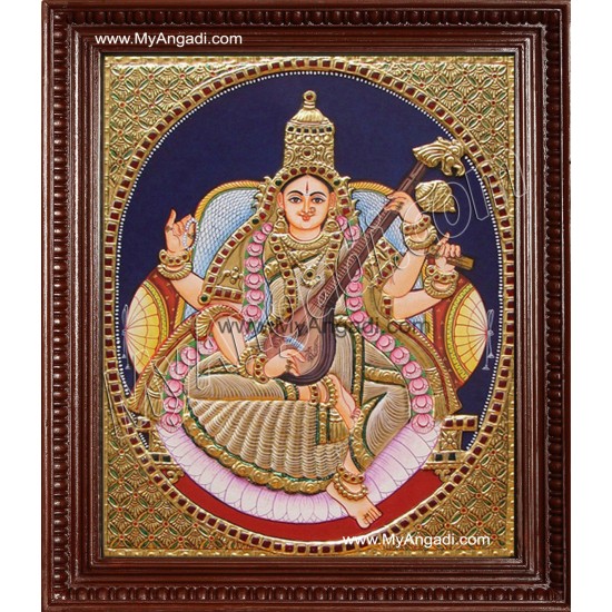 Oval Saraswathi Tanjore Painting, Traditional Saraswathi Tanjore Painting