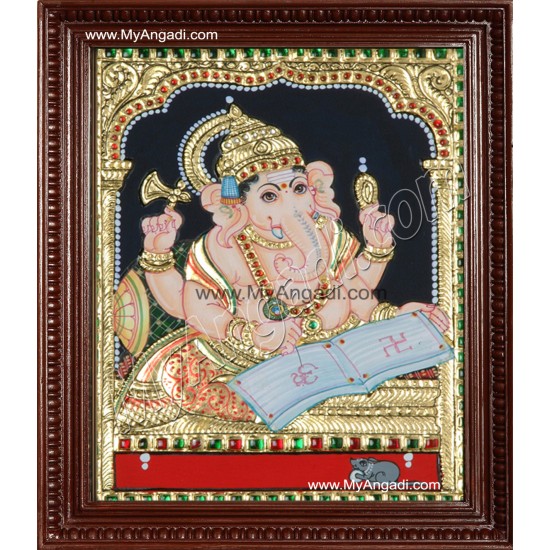 Ganesha With Books Tanjore Painting, Ganesha Tanjore Painting