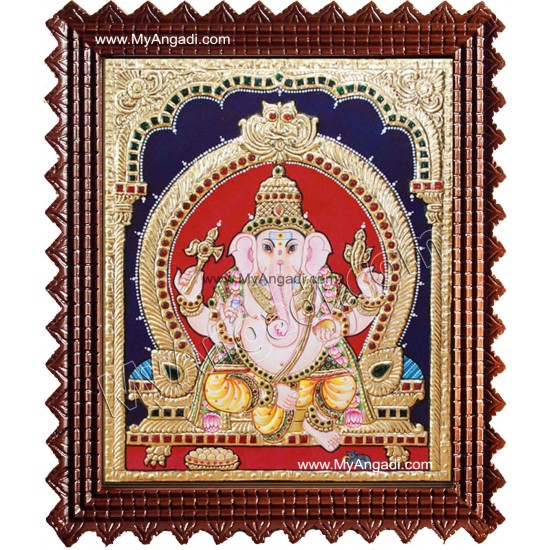 Straight Face Ganesha Tanjore Painting, Ganesha Tanjore Painting