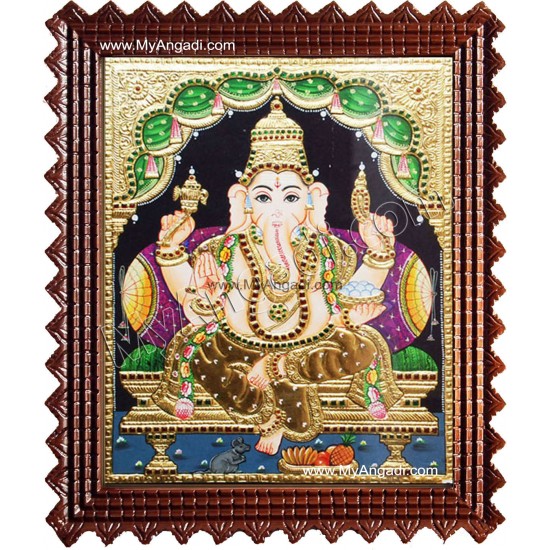 Straight Face Ganesha Tanjore Painting, Ganesha Tanjore Painting