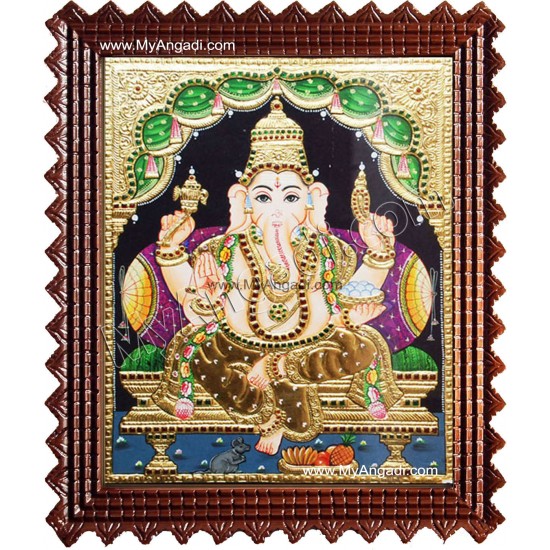 Straight Face Ganesha Tanjore Painting, Ganesha Tanjore Painting