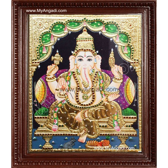 Straight Face Ganesha Tanjore Painting, Ganesha Tanjore Painting