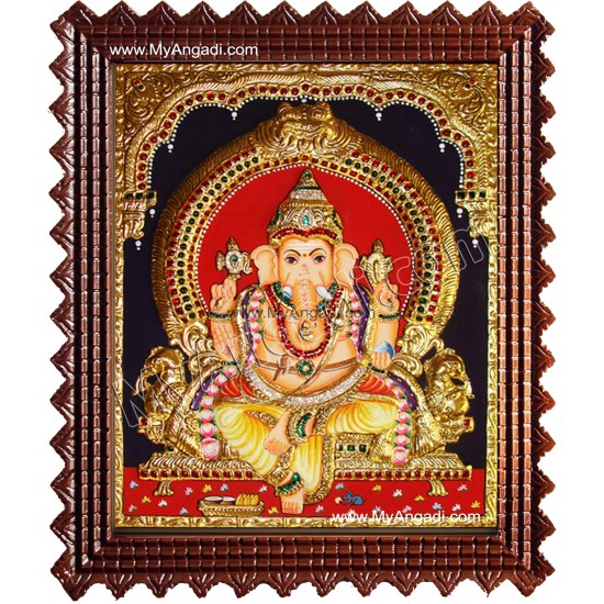 Straight Face Ganesha Tanjore Painting, Ganesha Tanjore Painting
