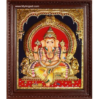 Straight Face Ganesha Tanjore Painting, Ganesha Tanjore Painting