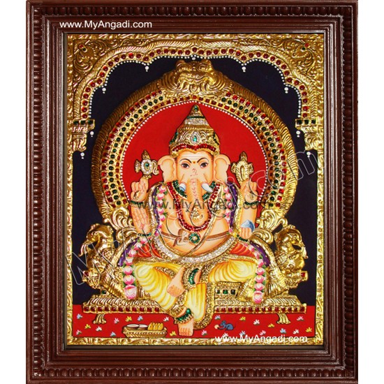 Straight Face Ganesha Tanjore Painting, Ganesha Tanjore Painting