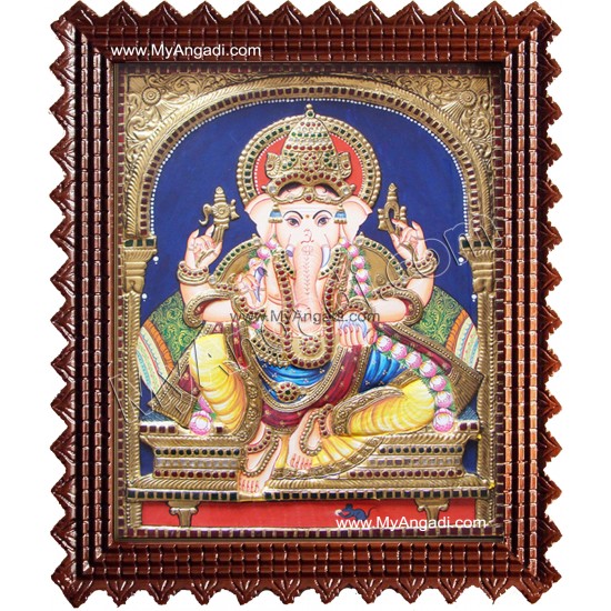 Straight Face Ganesha Tanjore Painting, Ganesha Tanjore Painting