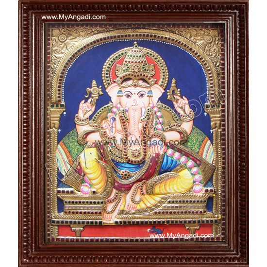 Straight Face Ganesha Tanjore Painting, Ganesha Tanjore Painting