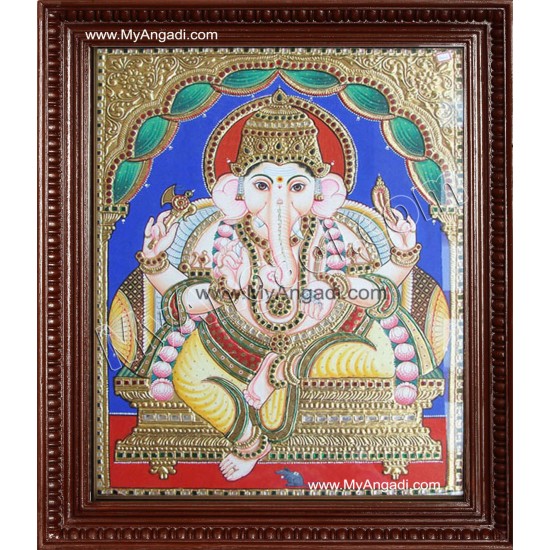 Straight Face Ganesha Tanjore Painting, Ganesha Tanjore Painting