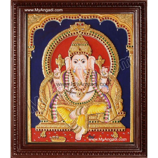 Straight Face Ganesha Tanjore Painting, Ganesha Tanjore Painting