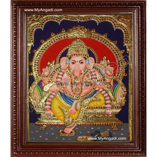 Straight Face Ganesha Tanjore Painting, Ganesha Tanjore Painting