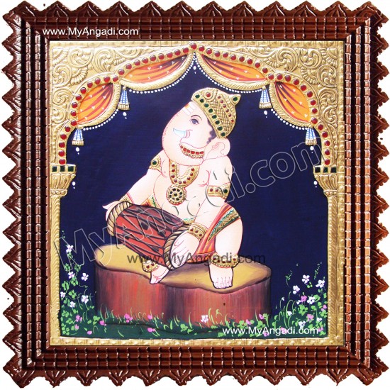 Nava Vinayakar Playing Music Tanjore Painting Nava Vinayakar Playing Music Tanjore Painting