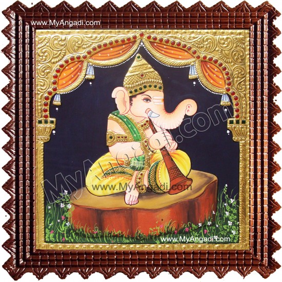 Nava Vinayakar Playing Music Tanjore Painting Nava Vinayakar Playing Music Tanjore Painting