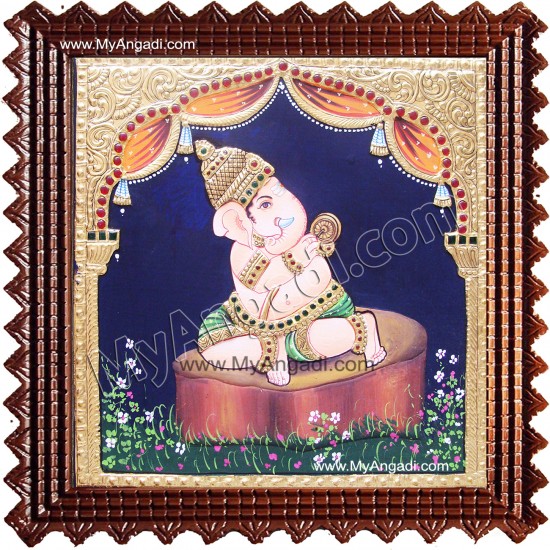 Nava Vinayakar Playing Music Tanjore Painting Nava Vinayakar Playing Music Tanjore Painting