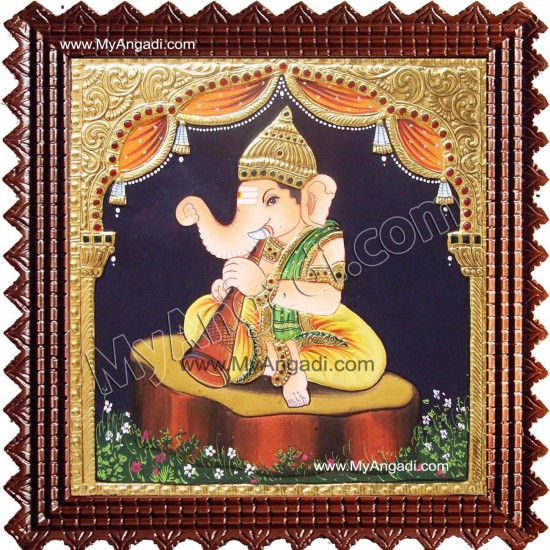 Nava Vinayakar Playing Music Tanjore Painting