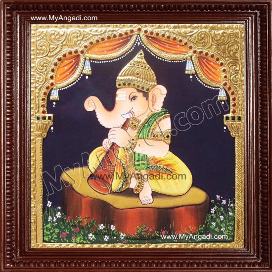 Nava Vinayakar Playing Music Tanjore Painting Nava Vinayakar Playing Music Tanjore Painting
