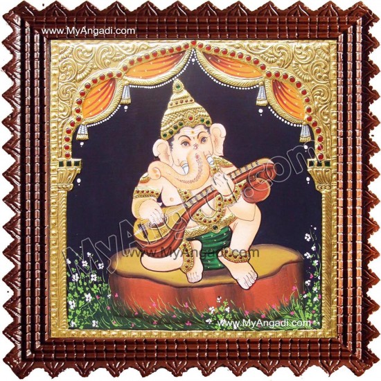 Nava Vinayakar Playing Music Tanjore Painting Nava Vinayakar Playing Music Tanjore Painting