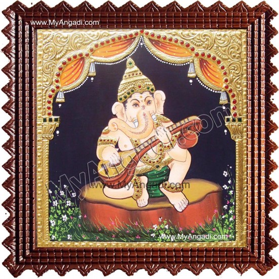 Nava Vinayakar Playing Music Tanjore Painting