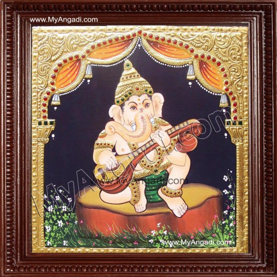 Nava Vinayakar Playing Music Tanjore Painting Nava Vinayakar Playing Music Tanjore Painting