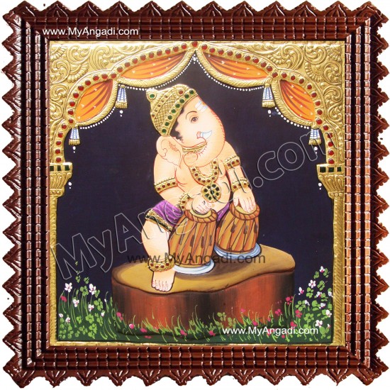 Nava Vinayakar Playing Music Tanjore Painting Nava Vinayakar Playing Music Tanjore Painting