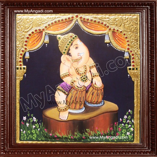 Nava Vinayakar Playing Music Tanjore Painting Nava Vinayakar Playing Music Tanjore Painting