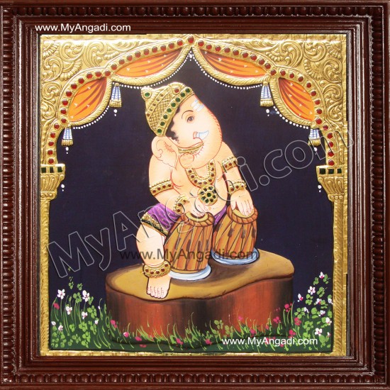 Nava Vinayakar Playing Music Tanjore Painting