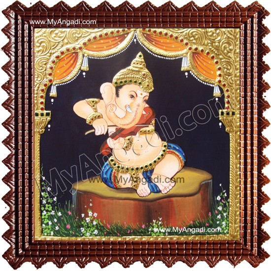 Nava Vinayakar Playing Music Tanjore Painting