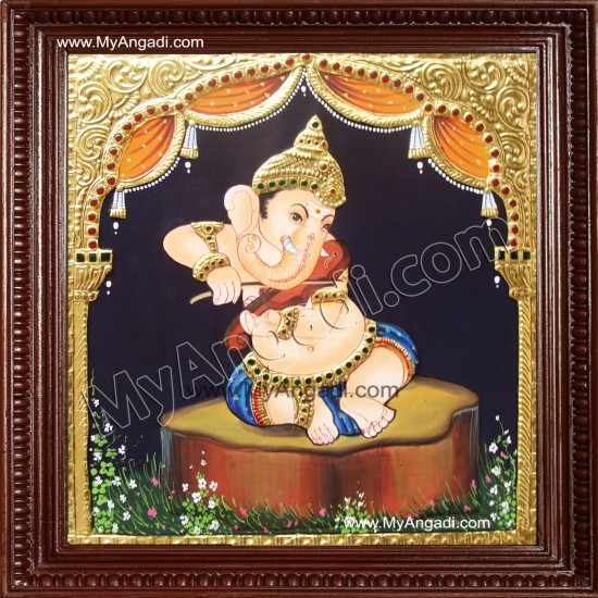 Nava Vinayakar Playing Music Tanjore Painting