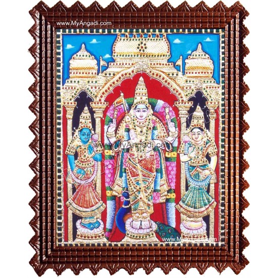 Murugan with Valli and Devasena Tanjore Painting