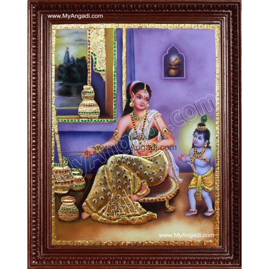 Krishna with Yasotha with Butter Pot Tanjore Painting