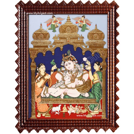 Krishna with Bama and Rukmani Tanjore Painting Krishna with Bama and Rukmani Tanjore Painting