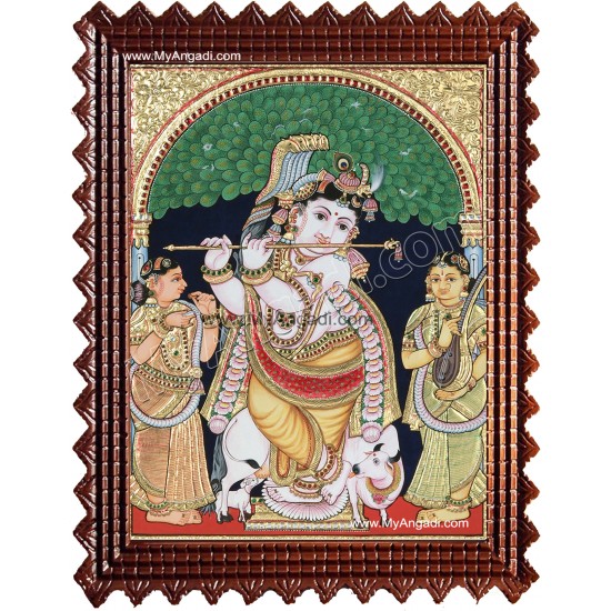 Krishna with Bama and Rukmani Tanjore Painting