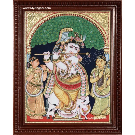 Krishna with Bama and Rukmani Tanjore Painting