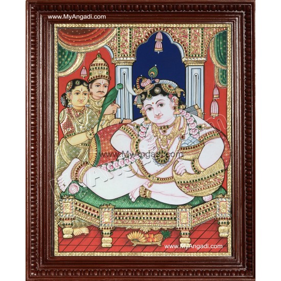 Krishna with Nanda Maharaja and Yasotha Tanjore Painting