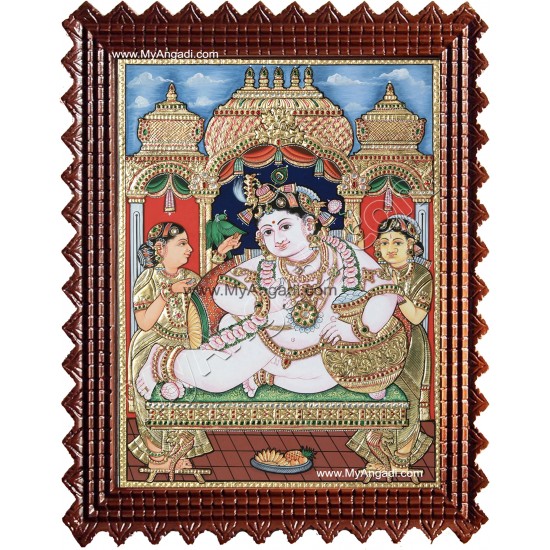 Krishna with Bama and Rukmani Tanjore Painting Krishna with Bama and Rukmani Tanjore Painting