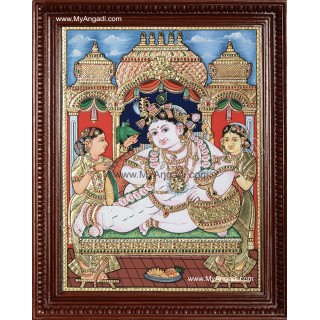 Krishna with Bama and Rukmani Tanjore Painting