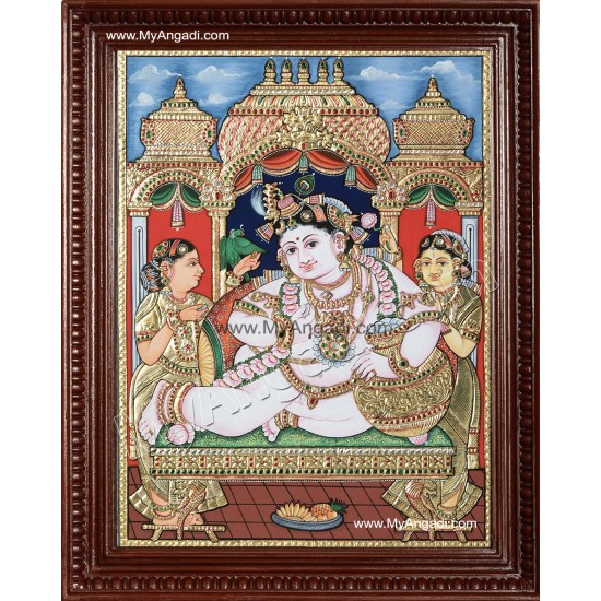 Krishna with Bama and Rukmani Tanjore Painting